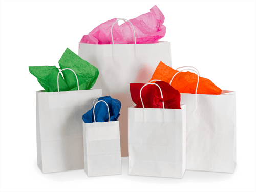 5.25 x 3.5 x 8.25 White Paper Shopping Bags 250/cs