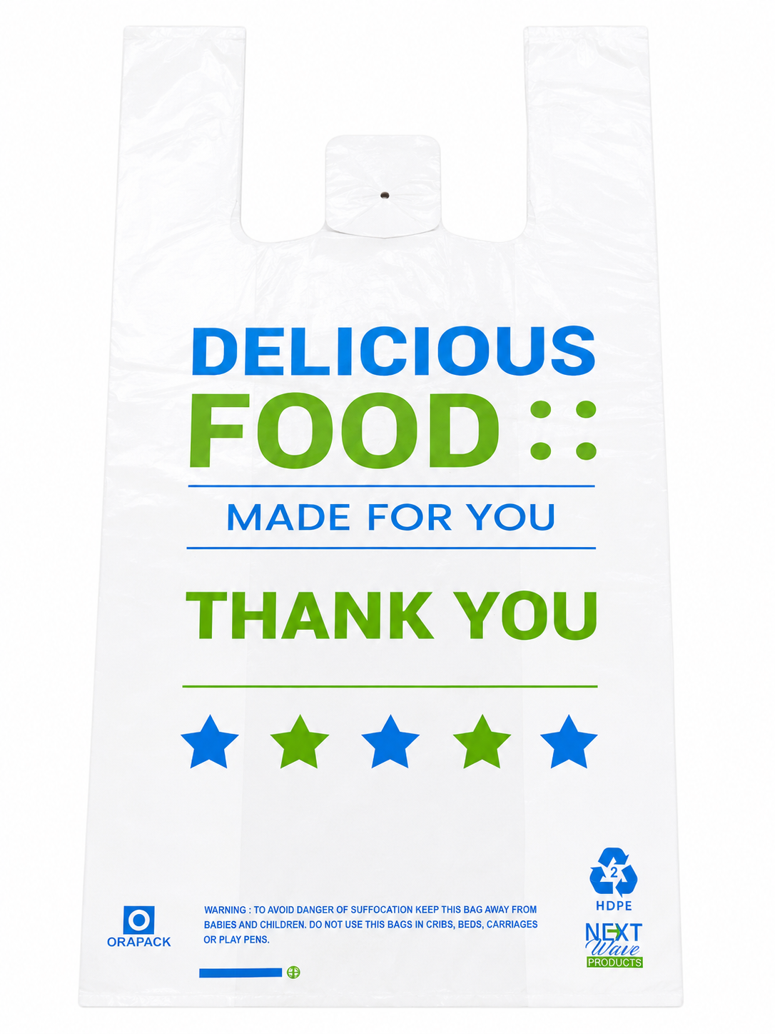14 x 7 x 24" T-Shirt Bags Large "Delicious Food" White