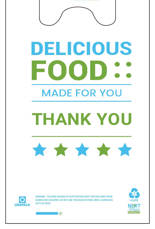 14 x 7 x 24" T-Shirt Bags Large "Delicious Food" White