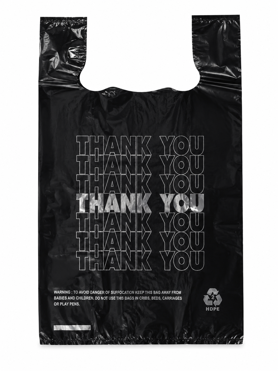 11 x 6.5 x 21" T-Shirt Bags Black Large "Thank You" Silver