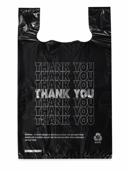 11 x 6.5 x 21" T-Shirt Bags Black Large "Thank You" Silver