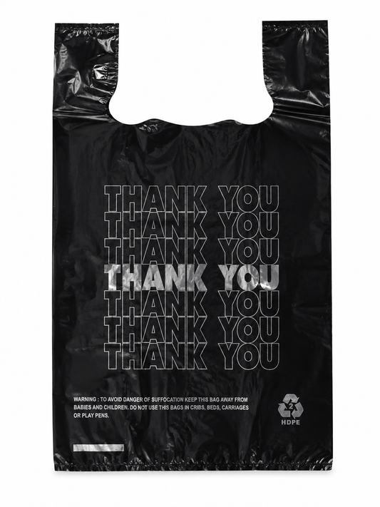 11 x 6.5 x 21" T-Shirt Bags Black Large "Thank You" Silver
