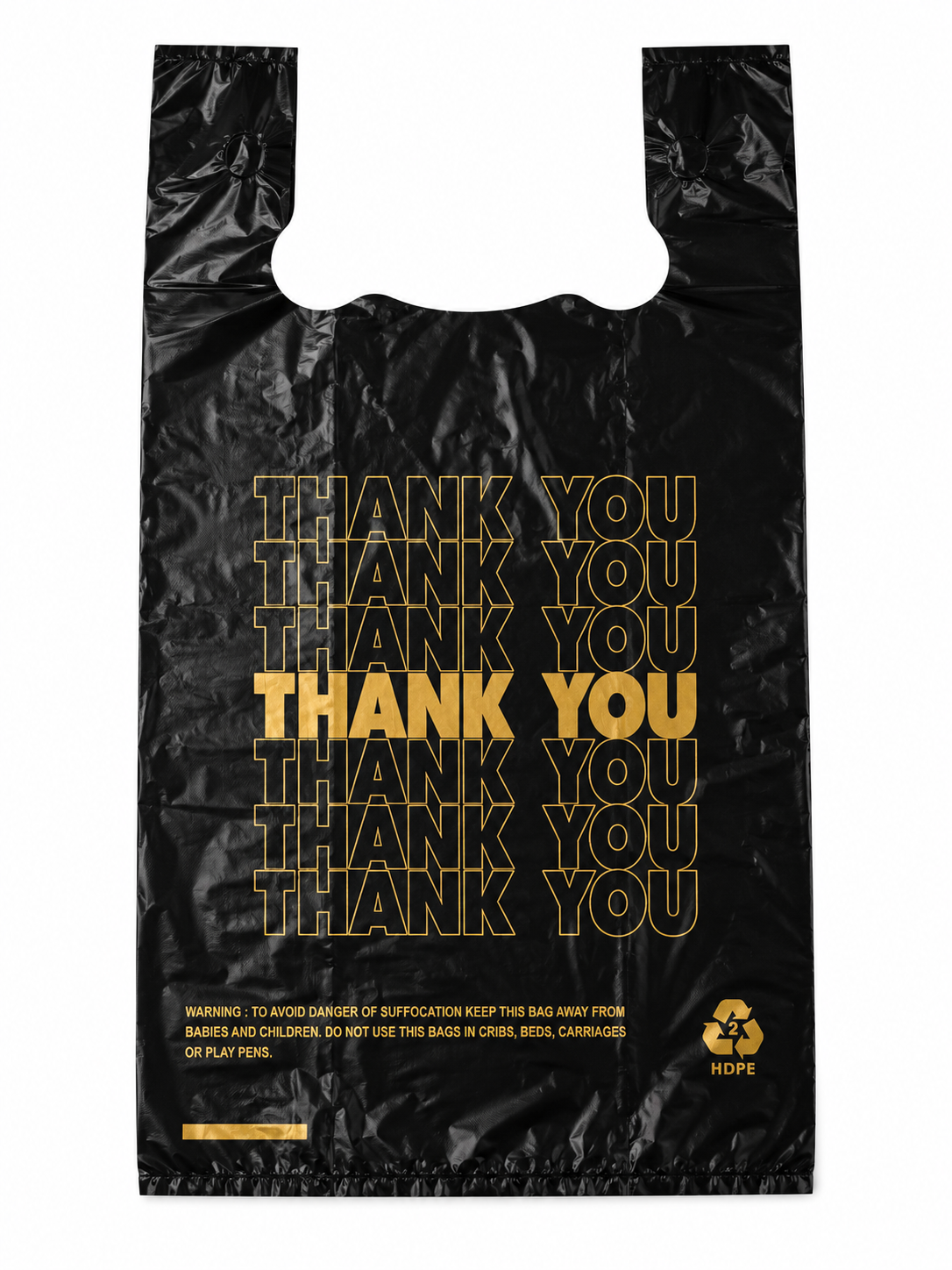11 x 6.5 x 21" T-Shirt Bags Black Large "Thank You" Gold