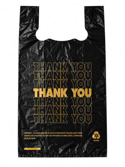 11 x 6.5 x 21" T-Shirt Bags Black Large "Thank You" Gold