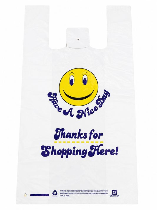 14 x 7 x 24" T-Shirt Bags Large "Smiley Face" White