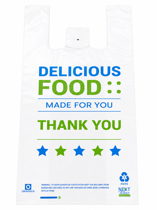 14 x 7 x 24" T-Shirt Bags Large "Delicious Food" White